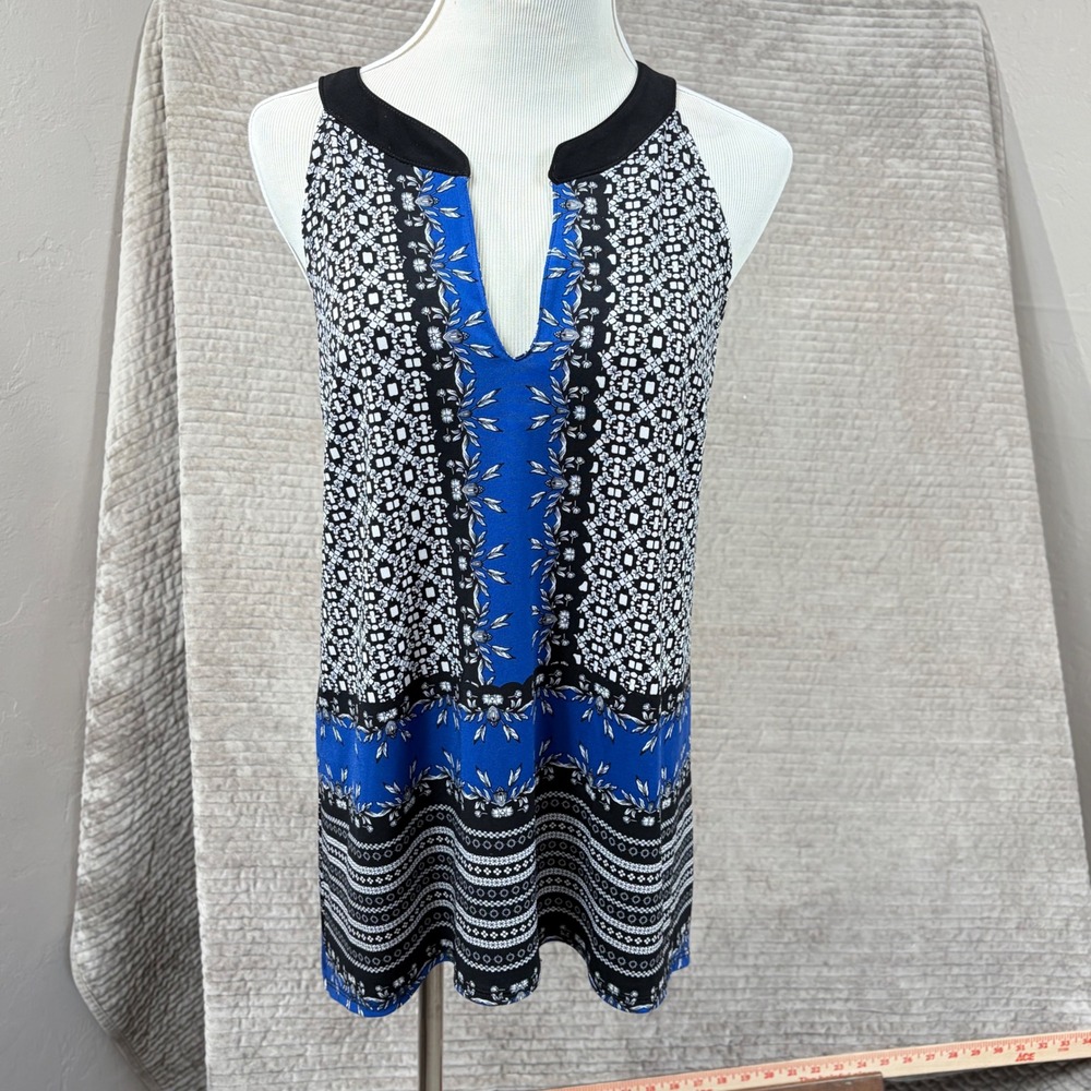 Joseph Ribkoff Blue Geometric Floral V-Neck Sleeveless Tunic Top Size 8 Canada